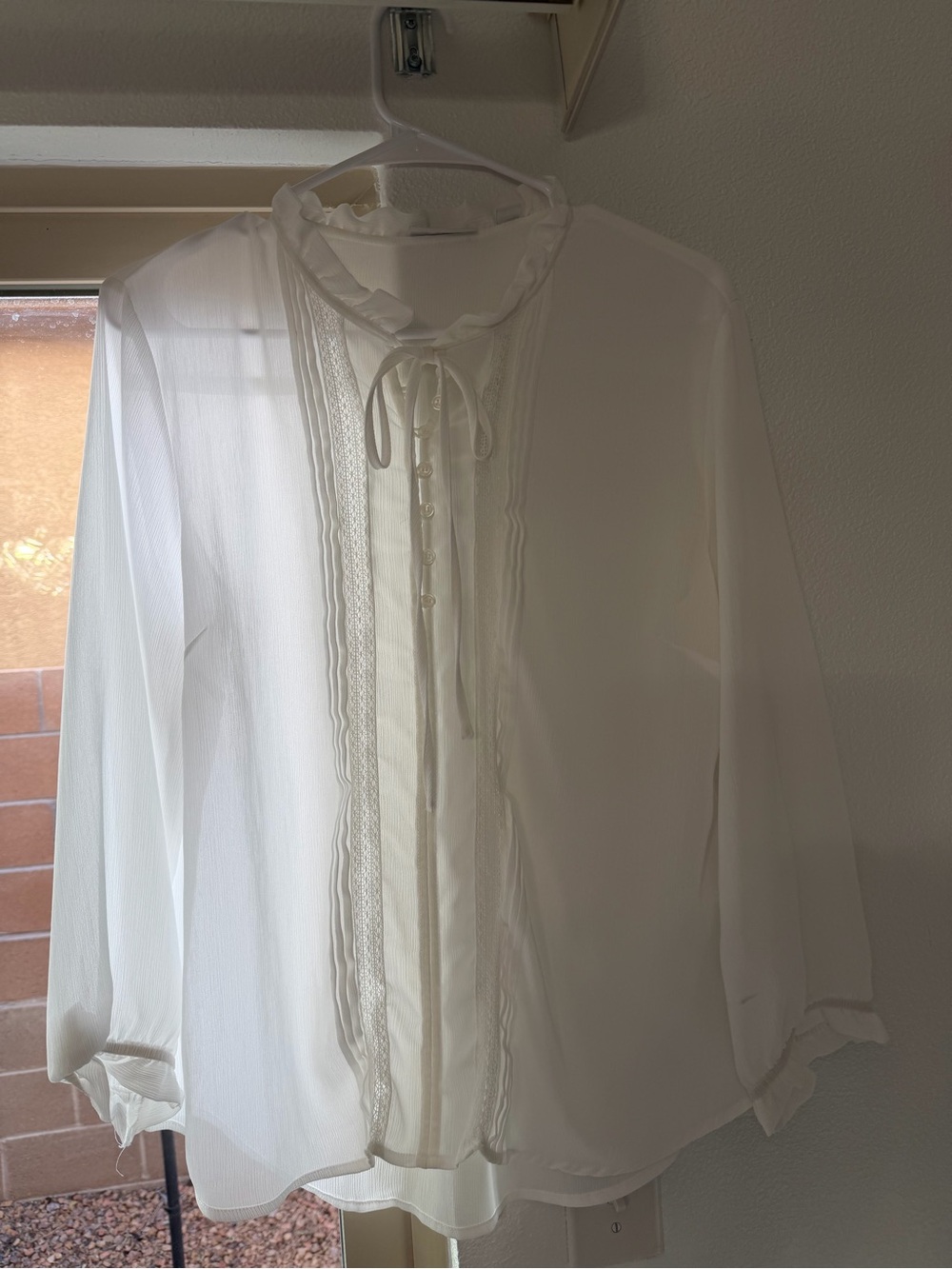 New York & Company White Ruffled Tie-Neck Blouse